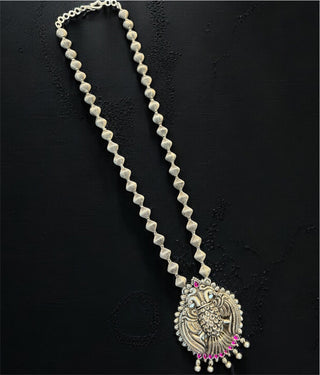 The Suvrata Silver Gandaberunda Beads Necklace & Earrings (Oxidised)