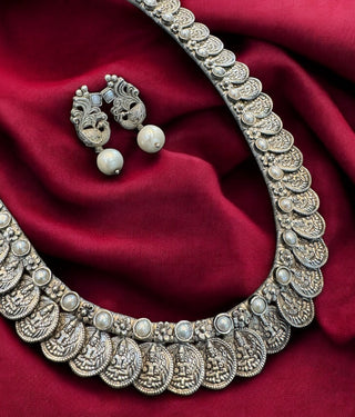 The Nimisha Silver Lakshmi Pearl Kasumala Necklace & Earrings