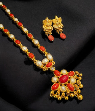 The Vedya Silver Pearl & Coral Necklace & Earrings