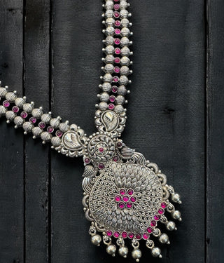 The Taraka Silver Long Filigree Peacock Necklace (Oxidised)