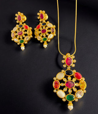 The Payal Silver Navratna Pendant & Earrings