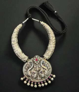 The Nrtu Silver Peacock Antique Nakkasi Hasli Necklace