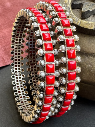 The Rajanya Silver Coral&Pearl Bangle (Oxidised/Size 2.2/2.4/2.6/2.8)