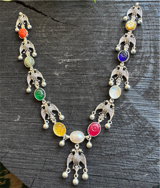 The Dvi-Paksha Silver Gandaberunda Navratna Necklace & Earrings