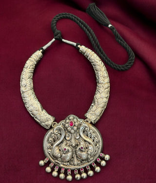 The Nrtu Silver Peacock Antique Nakkasi Hasli Necklace