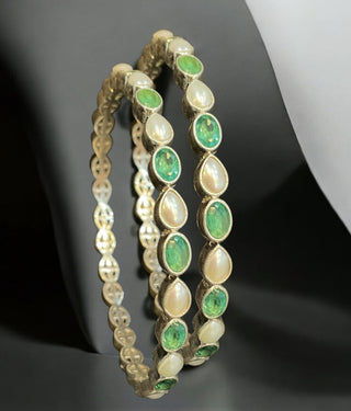 The Pihu Silver Emerald & Pearl Bangle- Single (Size/2.2/ 2.4/2.6/2.8)