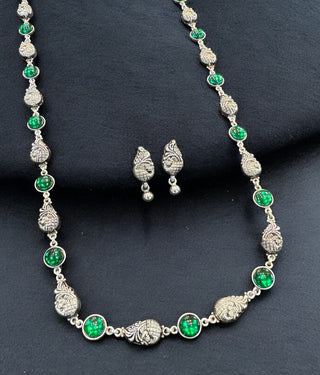 The Varunya Nakshi Silver Peacock Necklace & Earrings (Green)