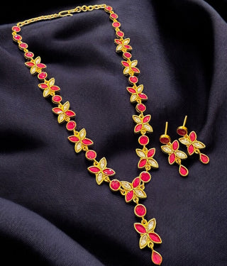 The Soha Silver polki Necklace & Earrings (Red)