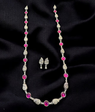 The Varunya Nakshi Silver Peacock Necklace & Earrings (Red)