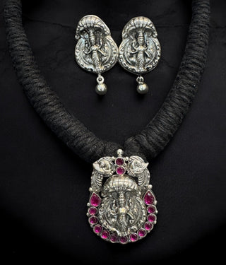 The Adishesha Lakshmi Silver Thread Necklace & Plain Earrings