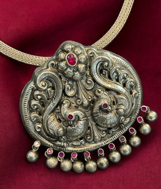 The Nrtu Silver Peacock Antique Nakkasi  Necklace