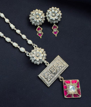 The Jivya Silver Kirtimukha Necklace & Earrings(Oxidised)