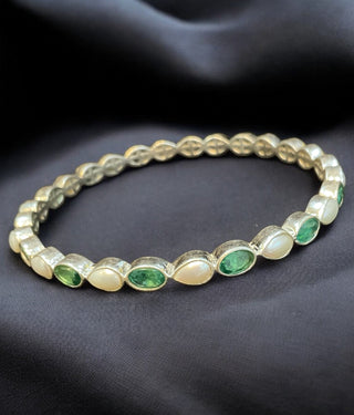The Pihu Silver Emerald & Pearl Bangle- Single (Size/2.2/ 2.4/2.6/2.8)