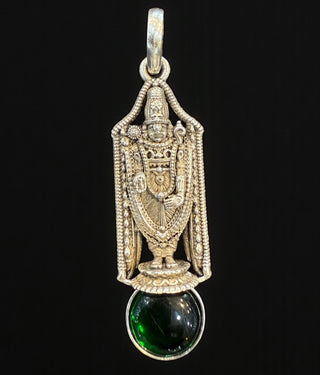 The Madhava Silver Venkateshwara Green Kemp Pendant (Oxidised)