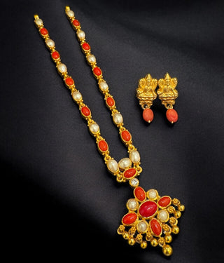 The Vedya Silver Pearl & Coral Necklace & Earrings