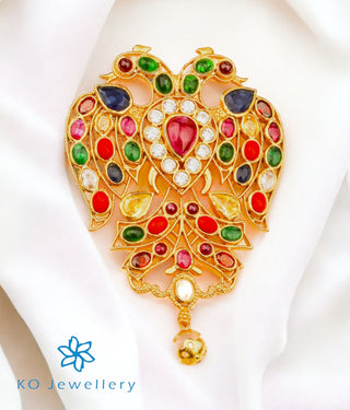 The Classic Gandaberunda Silver Navratna Pendant (Blue/Thin Chain)