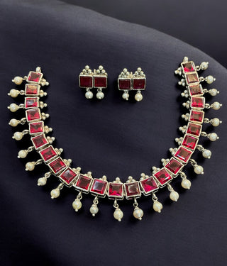 The Sudiksha Silver Square Kemp-stone Necklace & Earrings
