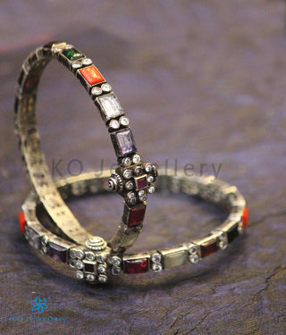The Sattva Silver Navratna Bracelet-Single (Oxidised/Size 2.2/2.4/2.6/2.8)