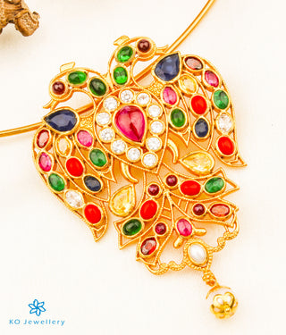 The Classic Gandaberunda Silver Navratna Pendant (Blue/Thin Chain)