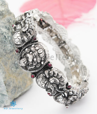 The Sindhura Silver Lakshmi Peacock Bracelet -Single (Oxidised/Size 2.2/2.4/2.6/2.8)