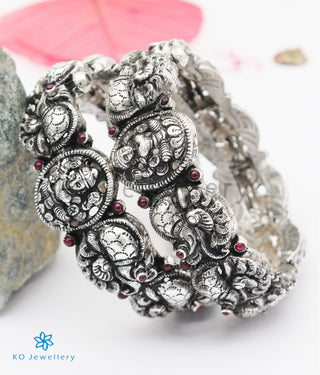 The Sindhura Silver Lakshmi Peacock Bracelet -Single (Oxidised/Size 2.2/2.4/2.6/2.8)